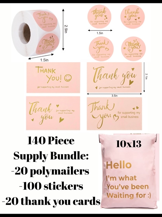Home Office Other - Small Business Packaging Bundle 20 Polymailers 100 Stickers 20 Cards Pink & Gold